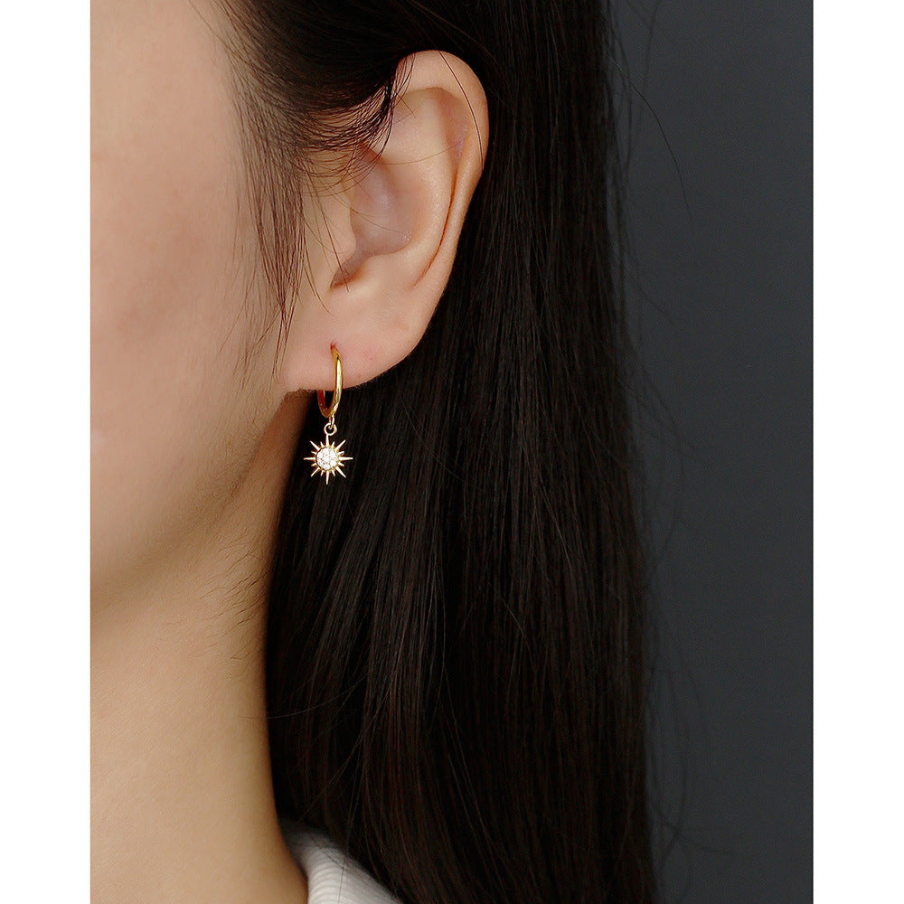 Sweet Streetwear 925 Sterling Silver Sun Rhinestone Inlay Hoop Earrings for Women