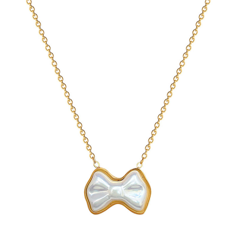 Collar minimalista con colgante de perlas con nudo de mariposa para mujer en acero de titanio con chapado en oro y delicada cadena de clavícula