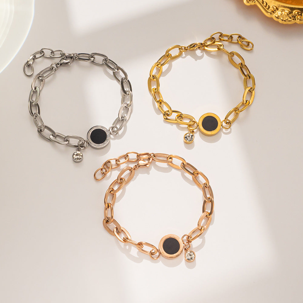 Fashion Minimalist Geometric Titanium Steel Bracelet with Zircon Inlay and 18K Rose Gold Plating for Women