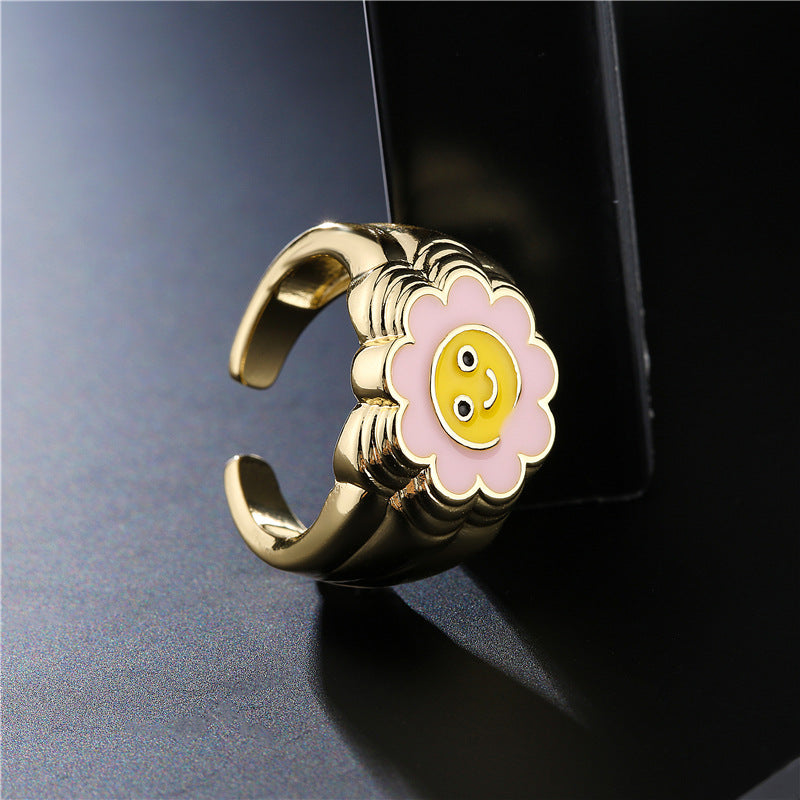 Cute Geometric Drip Oil Gold Plated Brass Sunflower Smile Open Ring for Women
