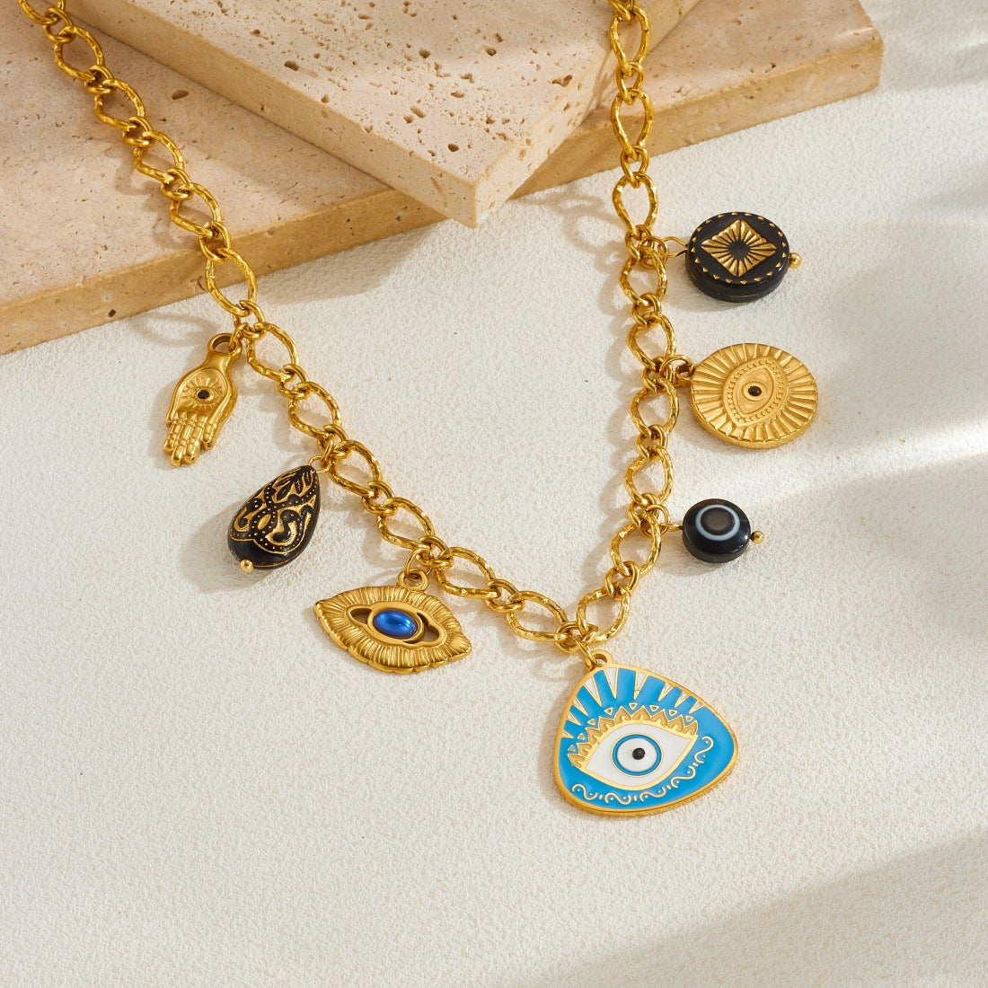 Vintage Gold Plated Drip Oil Teardrop Round Triangle Oval Stainless Steel Necklace with Cable Chain
