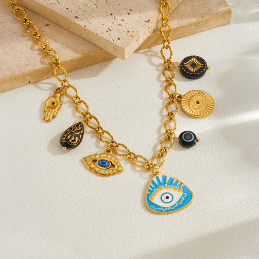 Vintage Gold Plated Drip Oil Teardrop Round Triangle Oval Stainless Steel Necklace with Cable Chain