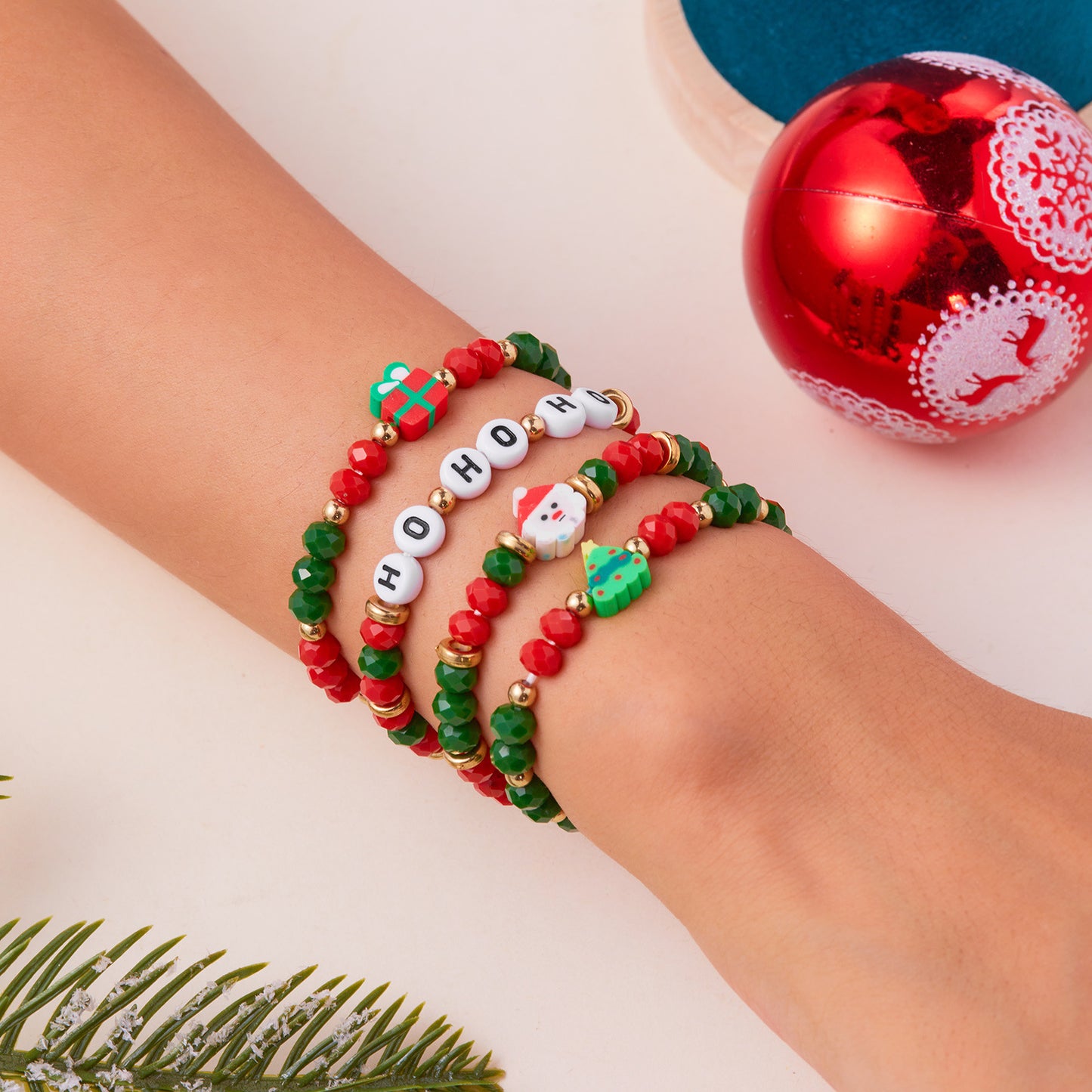 Christmas-Themed Geometric Beaded Bracelet Set for Women with Snowflake Reindeer and Jingle Bell Charms Crystal and Acrylic Handmade Fashion Bracelets