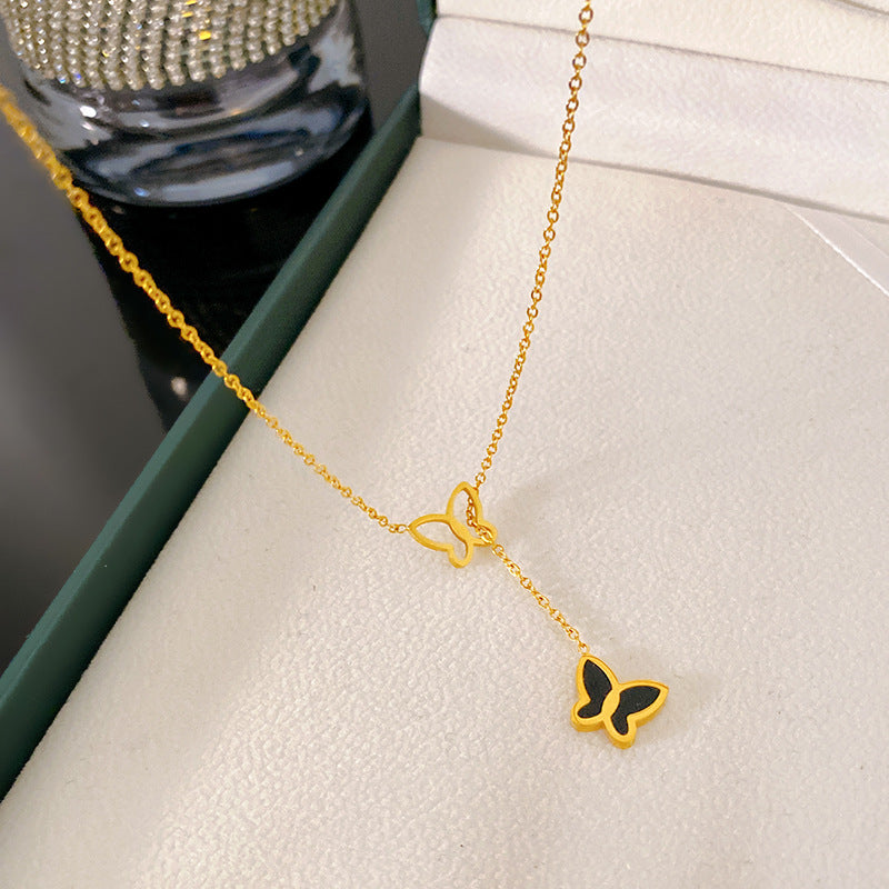 Vintage Gold Plated Butterfly Titanium Steel Necklace Adjustable Collarbone Chain Unisex