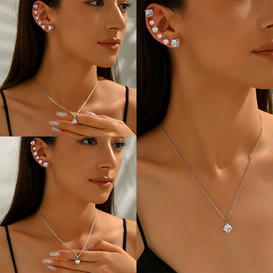 Geometric Zircon Inlay Necklace and Earrings Set for Women Alloy Fashion Jewelry