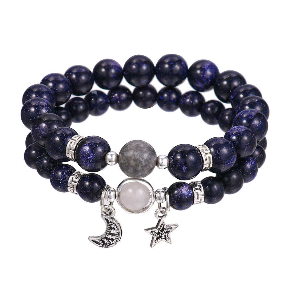 Minimalist Star Brass Plated Bracelet with Blue Sandstone and Obsidian for Unisex