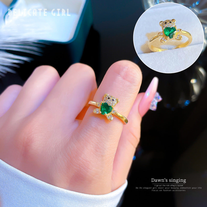 Minimalist Bear-Shaped Brass Ring with Zircon Inlay for Women Adjustable Finger Ring