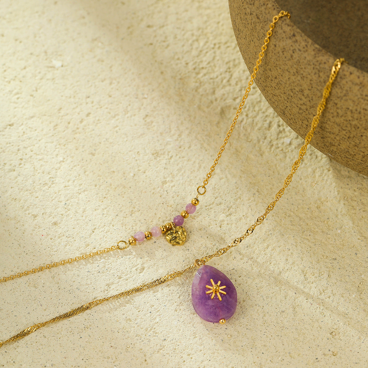 Collar con colgante de corazón doble de estrella de ocho puntas de piedra natural púrpura, estilo minimalista vintage, en acero inoxidable con acabado chapado