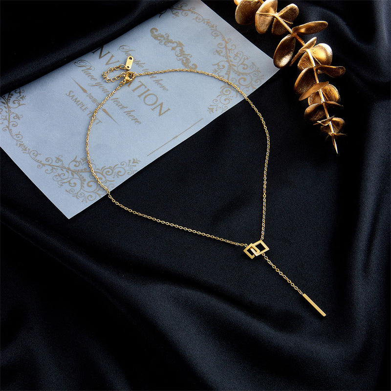 Minimalist Geometric Square Long Tassel Titanium Steel Necklace with Plating Finish for Women