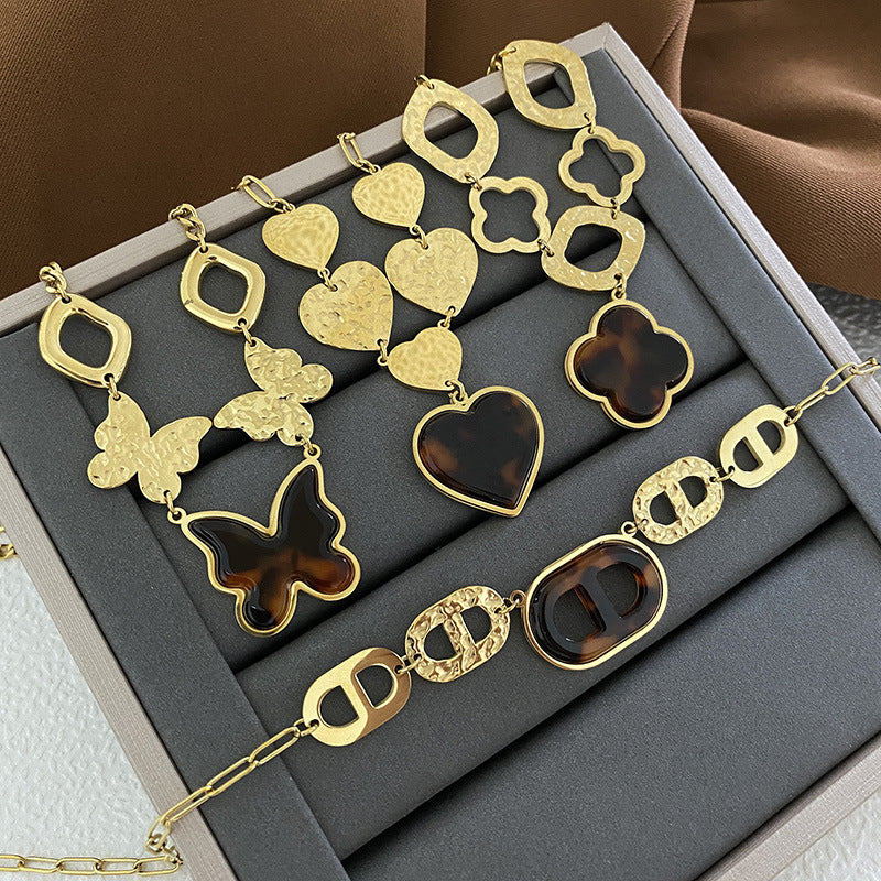 Leopard Print Heart Titanium Steel Plated Necklace