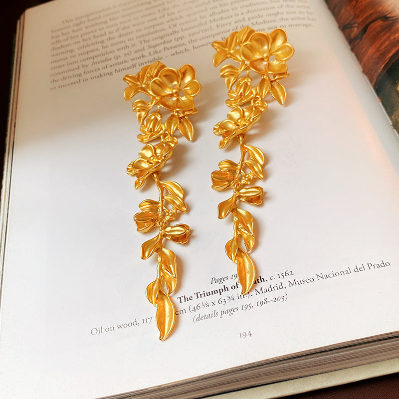 Vintage Floral Leaf Tassel Earrings in Copper for Women