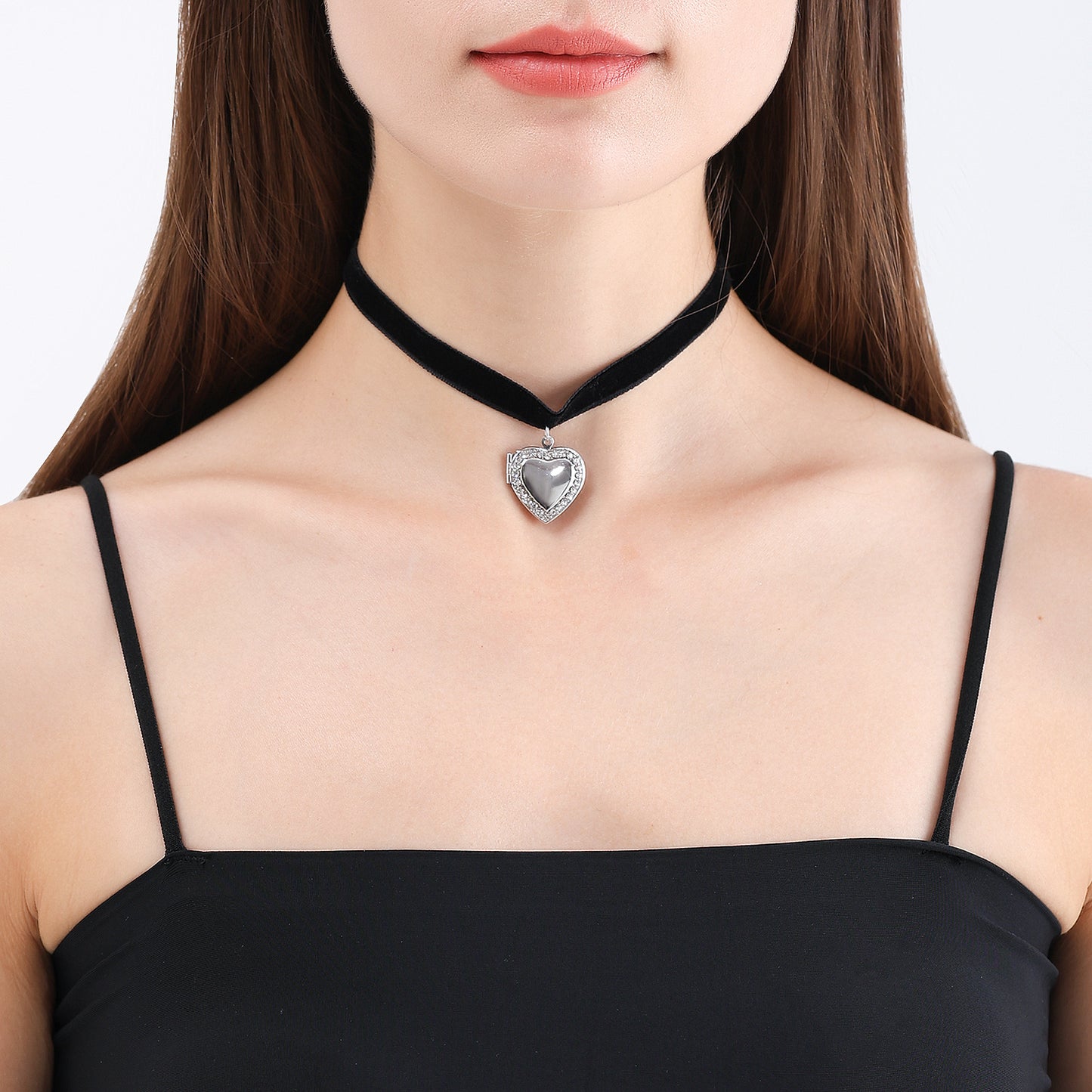 Minimalist Black Satin Ribbon Heart Pendant Necklace for Women with Rhinestone Inlay and Gold Plated Alloy