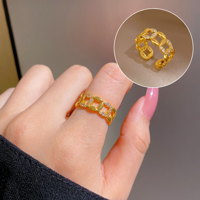 Geometric Rhinestone Ring for Women Plated Brass Minimalist Open Band
