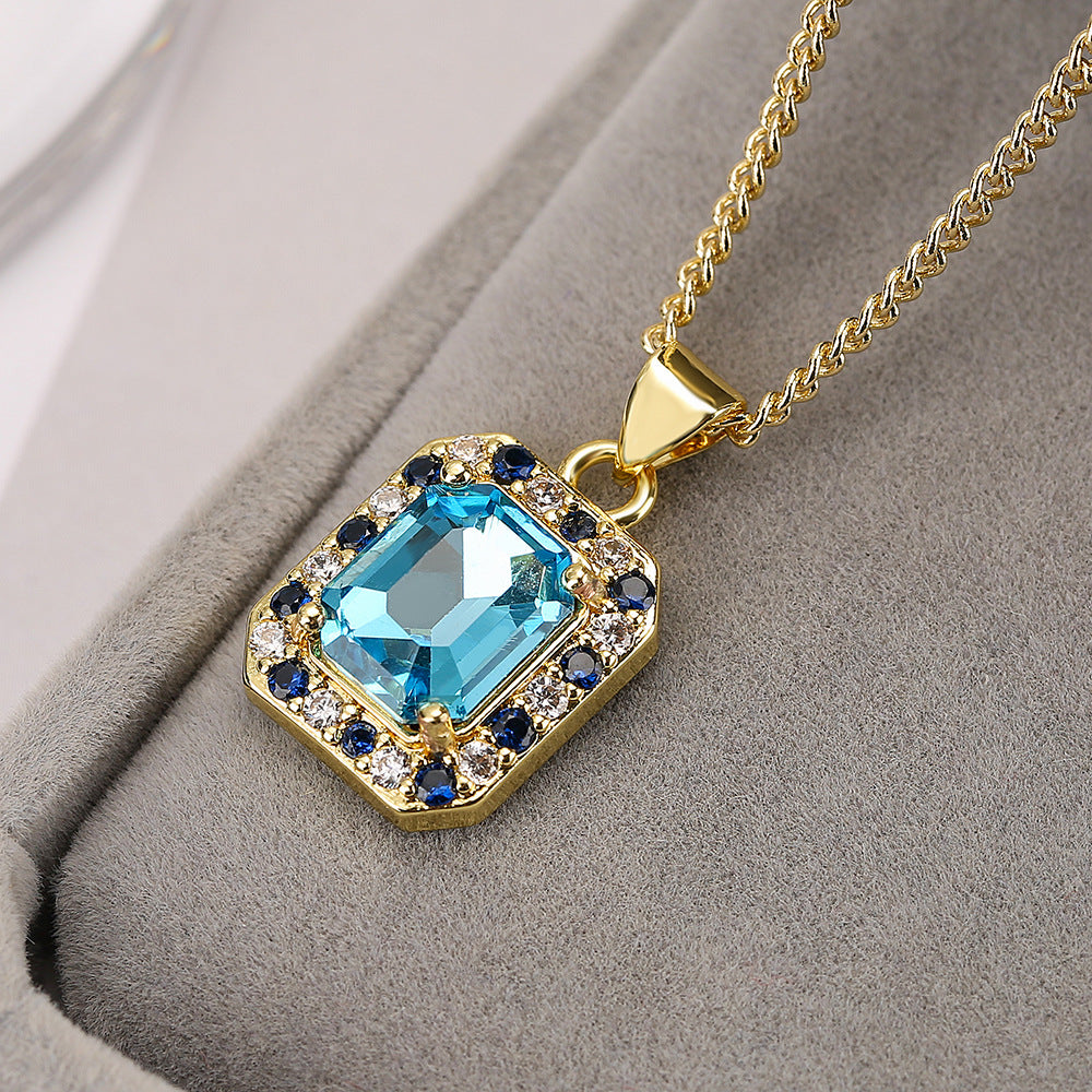 Geometric Square Zircon Pendant Necklace for Women in Copper with Fashionable Minimalist and Office-Appropriate Design