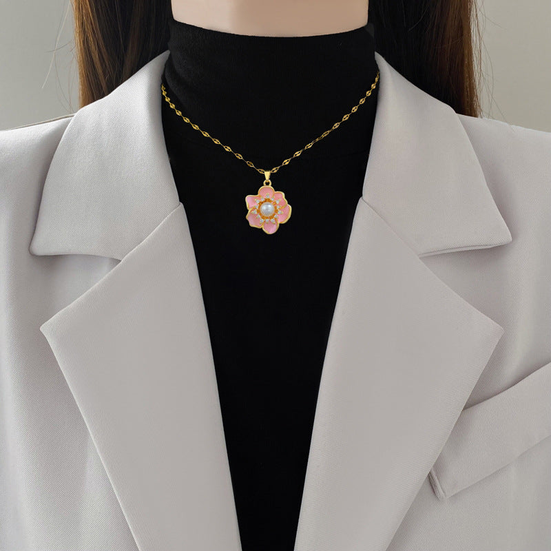 Sweet Luxury Pink Drip Oil Floral Rhinestone Titanium Steel Necklace for Unisex