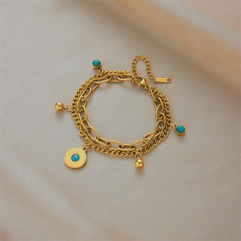 Minimalist Vintage Double Layer Turquoise Pendant Bracelet in Titanium Steel with Gold Plating