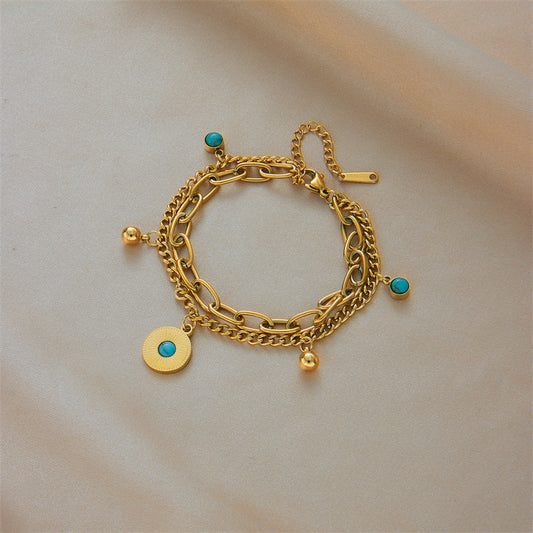 Pulsera con Colgante de Turquesa de Doble Capa, Minimalista y Vintage, de Acero de Titanio con Baño de Oro