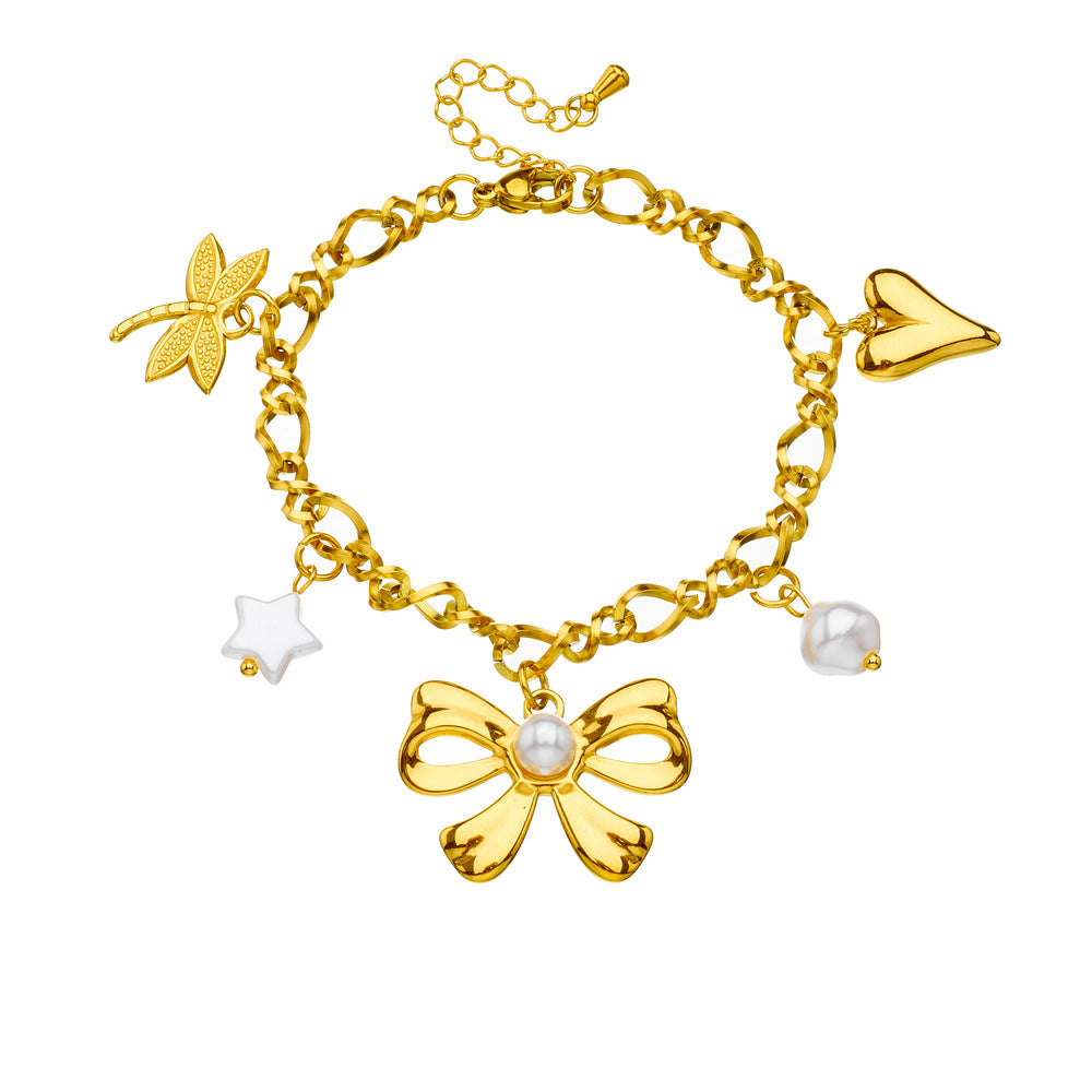 Elegant Gold Plated Stainless Steel Bow Heart Dragonfly Star Pearl Pendant Bracelet for Women