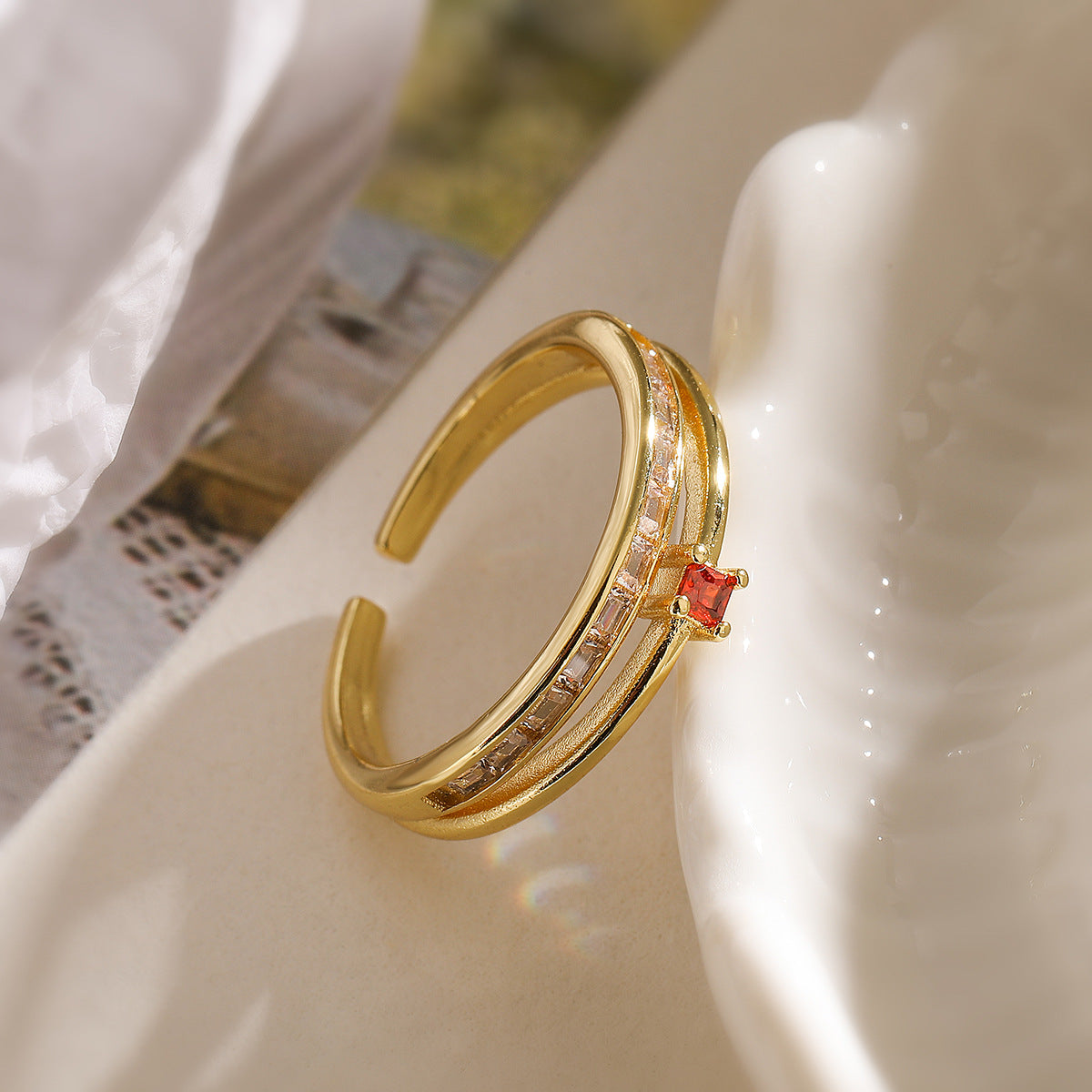 Minimalist Geometric Open Ring for Women in Copper with 18K Gold Plating and Zircon Inlay
