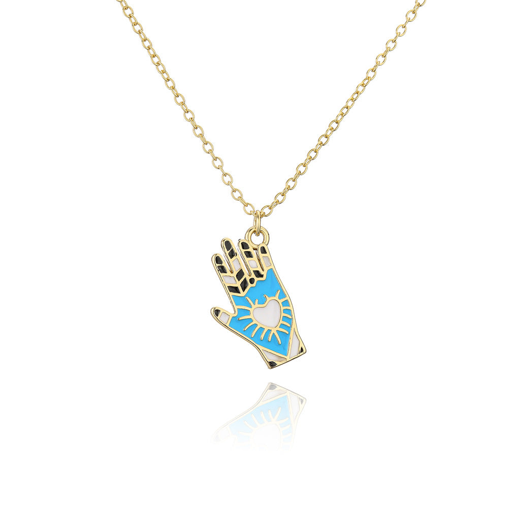 Minimalist Hand-Shaped Pendant Necklace in Copper with 18K Gold Plating and Enamel Detail