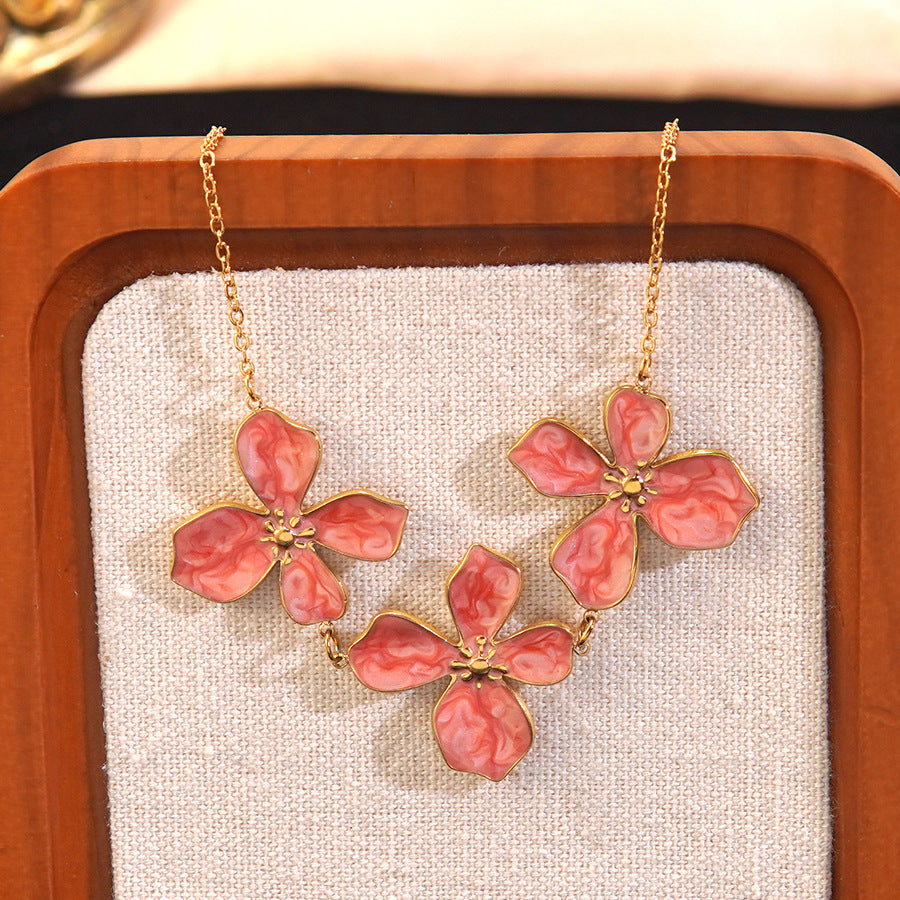 Minimalist Drip Oil Floral Stainless Steel Necklace and Earring Set for Women