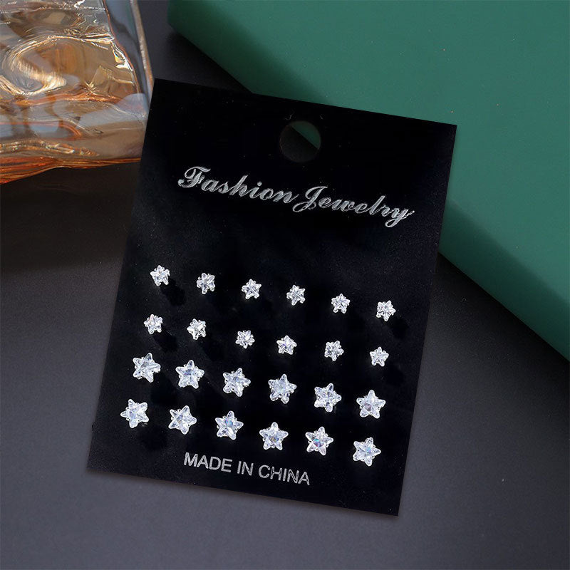 Set di 12 paia di orecchini casual con perle, zirconi cubici, cuore, forme geometriche, rotonde, triangolari e quadrate in acciaio inossidabile