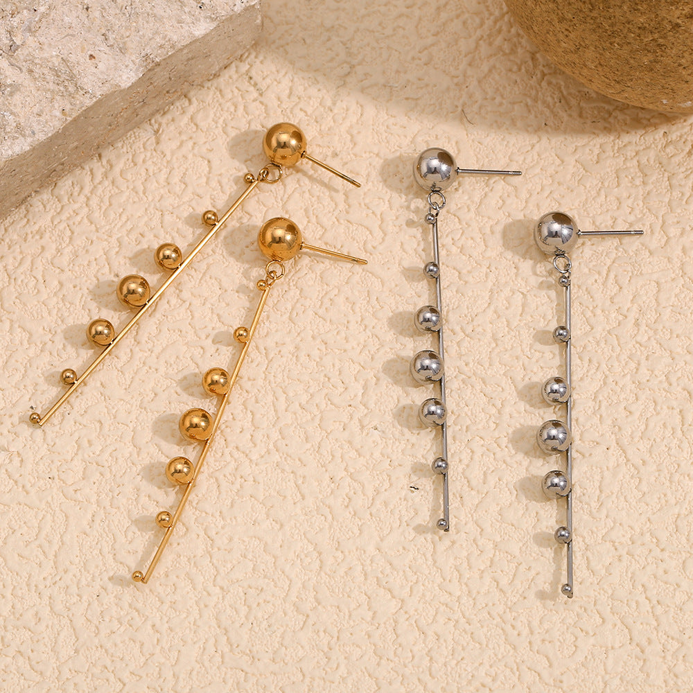 Fashionable Geometric Stainless Steel Earrings with 18K Gold Plating, Beaded Tassel Studs for Women