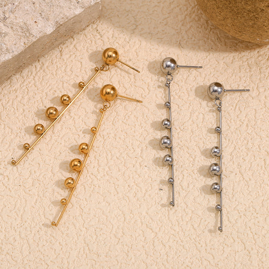 Fashionable Geometric Stainless Steel Earrings with 18K Gold Plating, Beaded Tassel Studs for Women