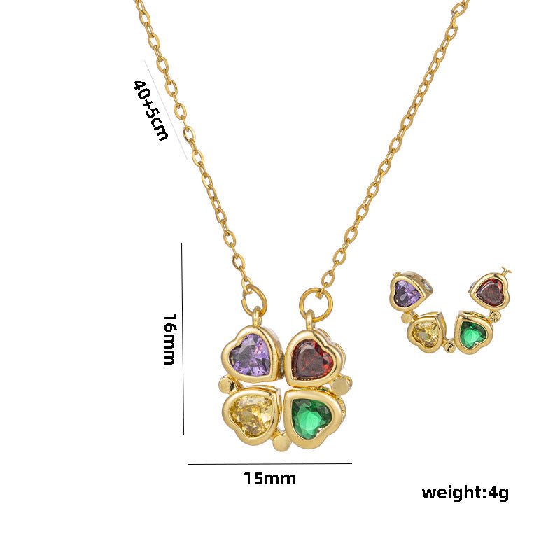 Collana con Pendente Minimalista a Quadrifoglio da Donna in Acciaio al Titanio con Intarsio di Strass Micro-Pavé e Catena Ondulata