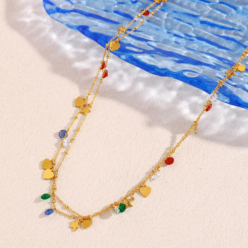 Collana da donna a doppio strato in acciaio inossidabile placcato oro 18 carati con forme geometriche minimaliste
