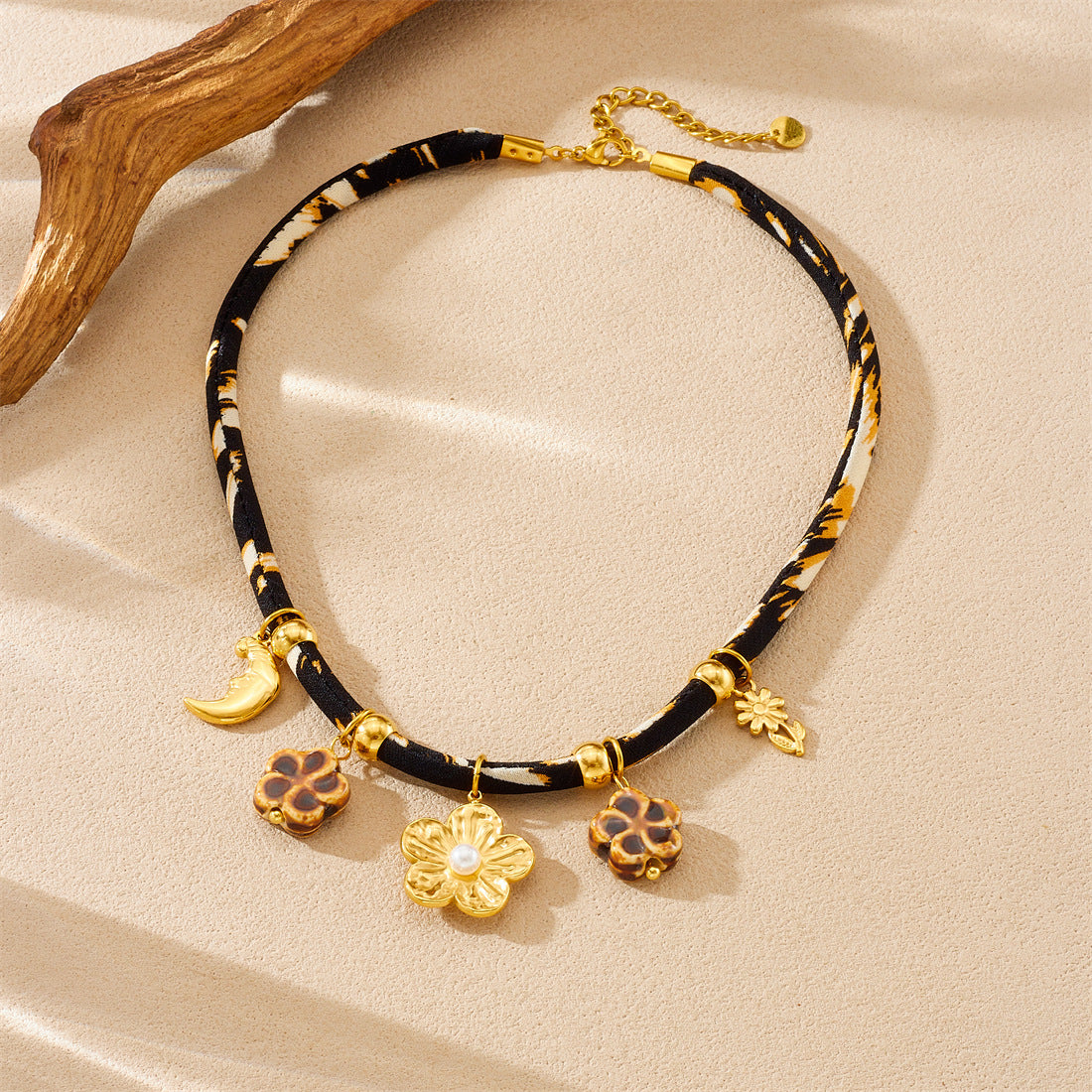 Vintage Gold Plated Stainless Steel Floral Moon Leopard Print Necklace