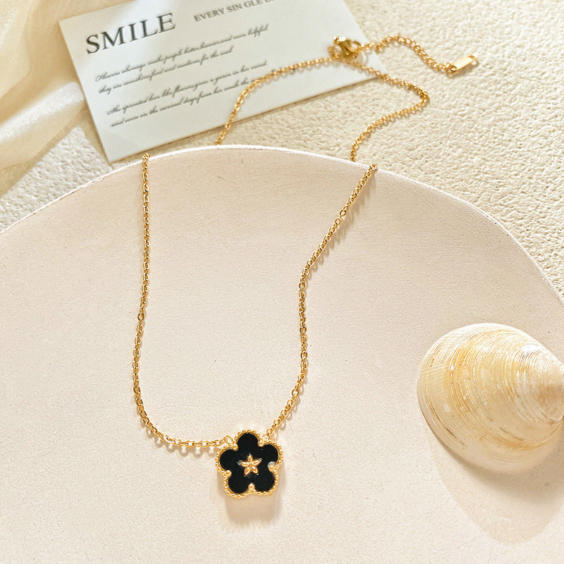 Minimalist Luxury Black Five-Petal Flower Titanium Steel Necklace