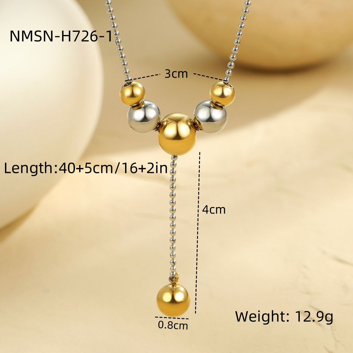 Fashionable OL Style Geometric Bead Necklace with Y-Shape Chain Stainless Steel Plated 18K Gold Tone Locket Necklace for Women