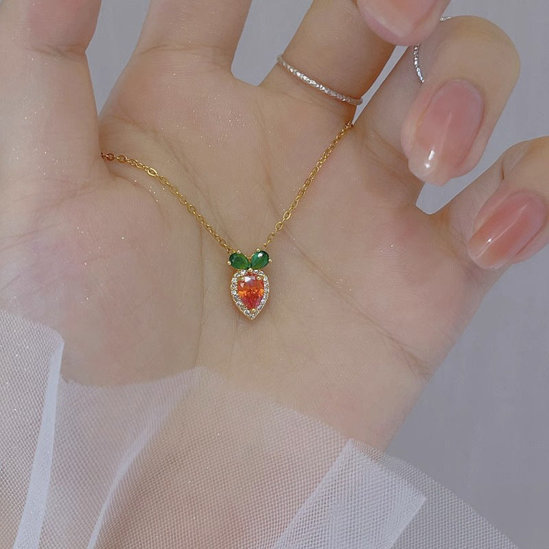 Cute Carrot Pendant Necklace for Women in Titanium Steel with Rhinestone Inlay, Plated Finish, Minimalist Animal Shape Locket Chain