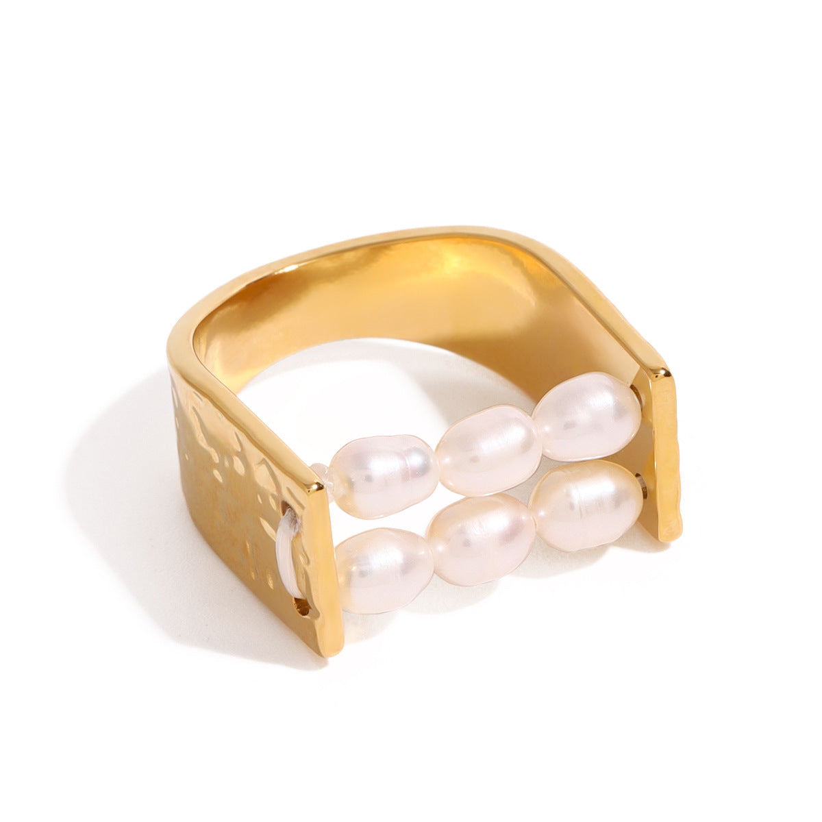 Anello alla moda a U geometrica in acciaio inossidabile placcato oro 18 carati con perla, da donna