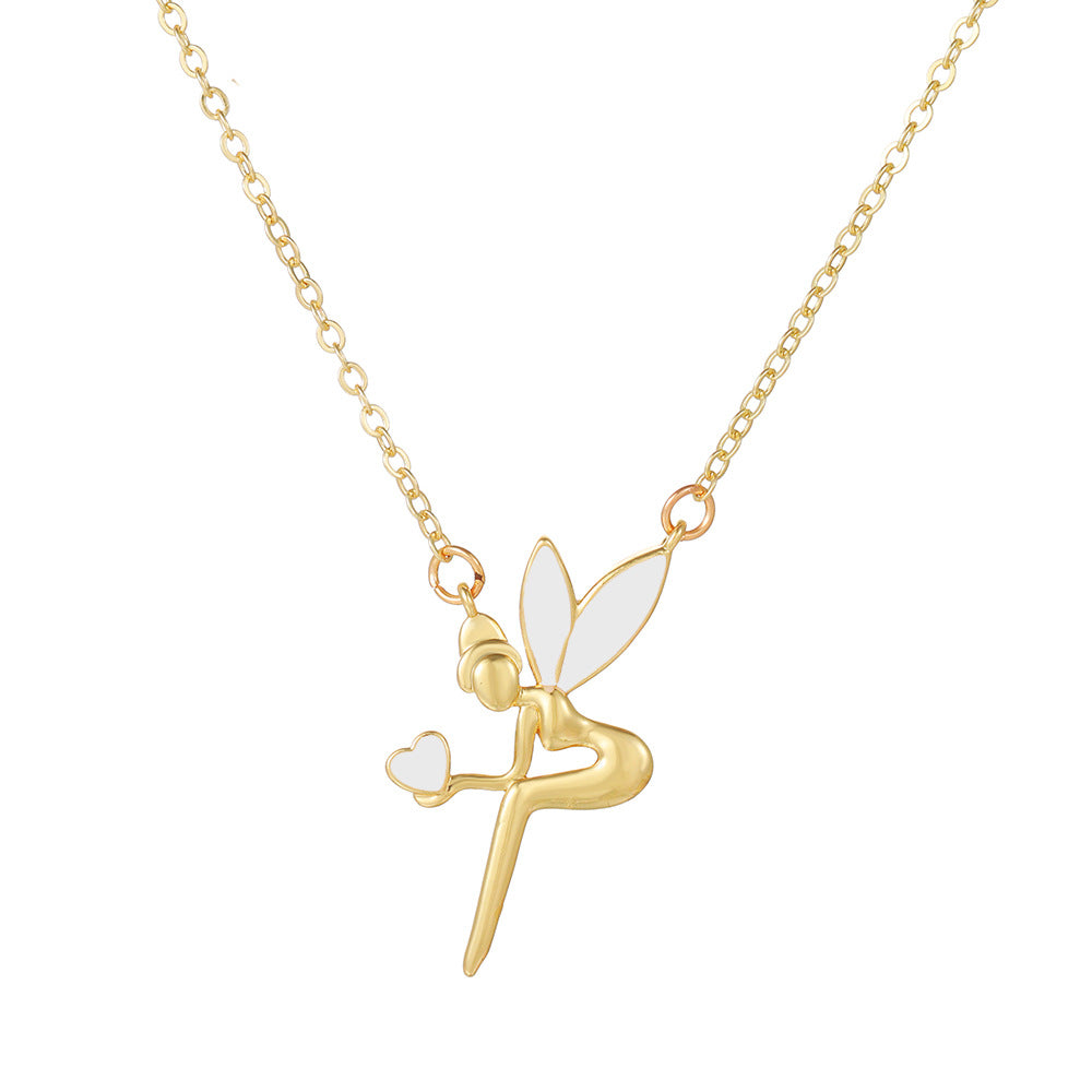 Geometric Drip Oil Brass Angel Pendant Necklace Cable Chain for Women