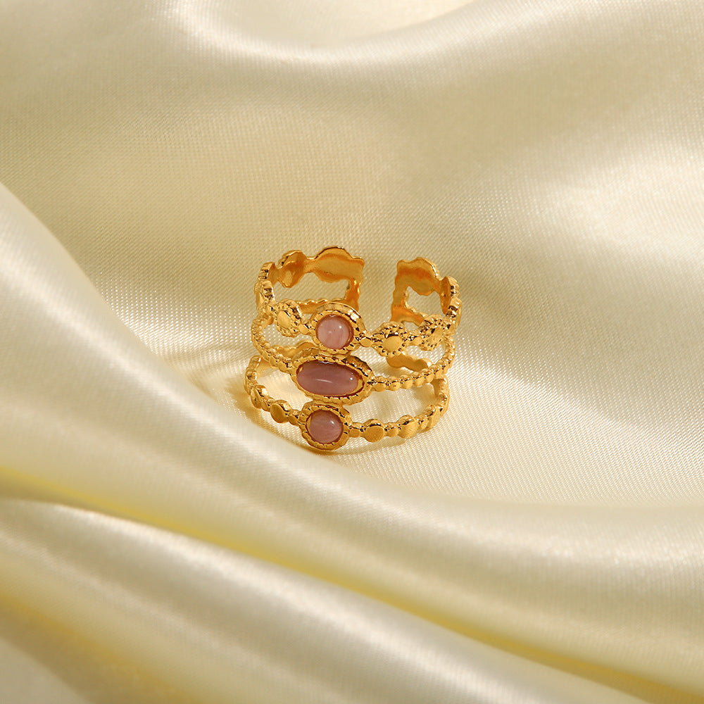 Anillo de dedo ajustable de acero inoxidable rosa, geométrico, minimalista, con incrustaciones de gemas para mujer