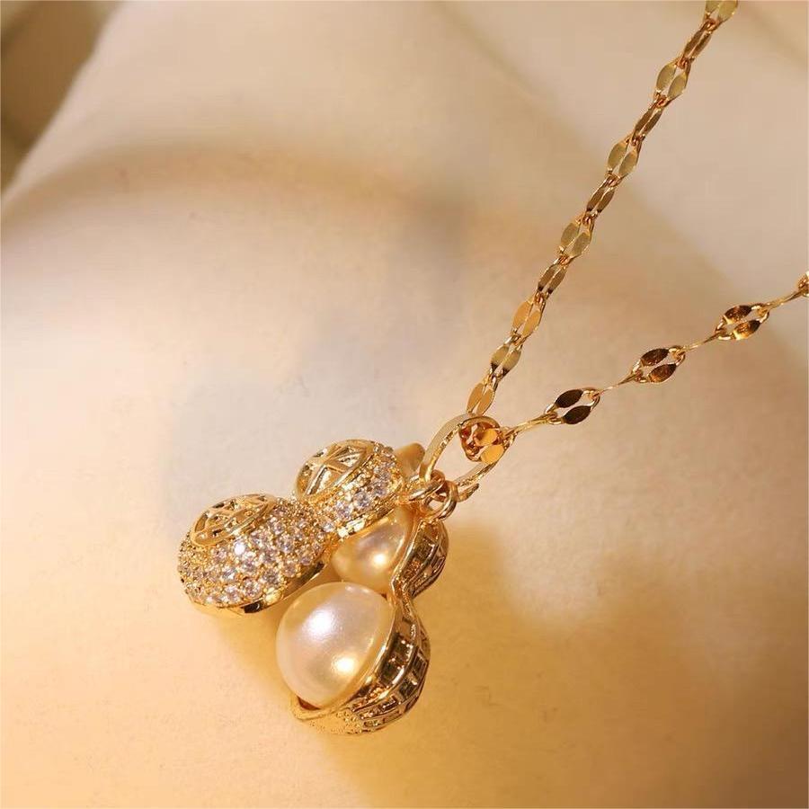 Fashionable Double-Sided Gourd Pendant Necklace in Titanium Steel with Zircon Inlay, Peanut-Shaped Charm, Snake Chain Style for Women and Men