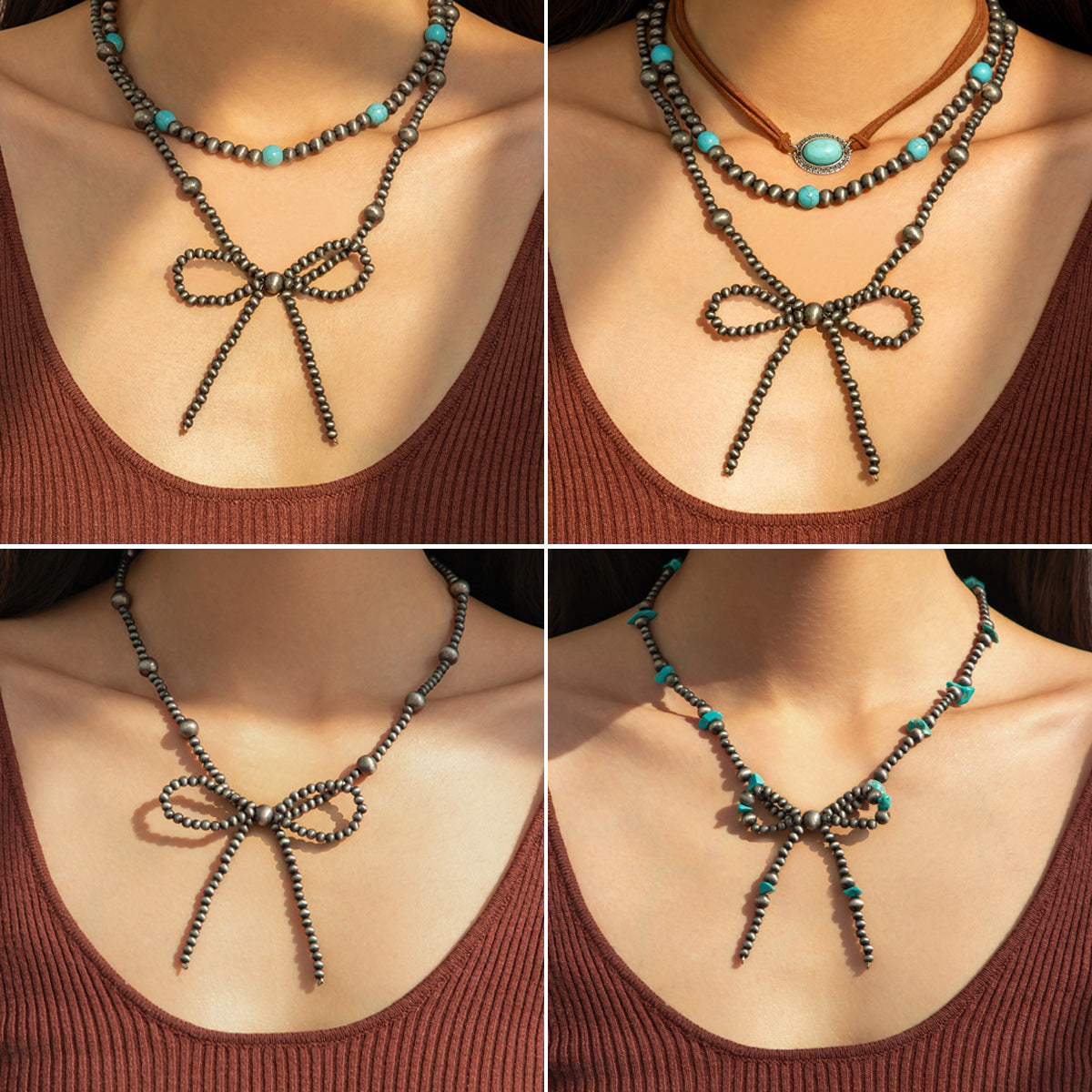 Bohemian Vintage Alloy Plated Bowknot Turquoise Necklace for Women