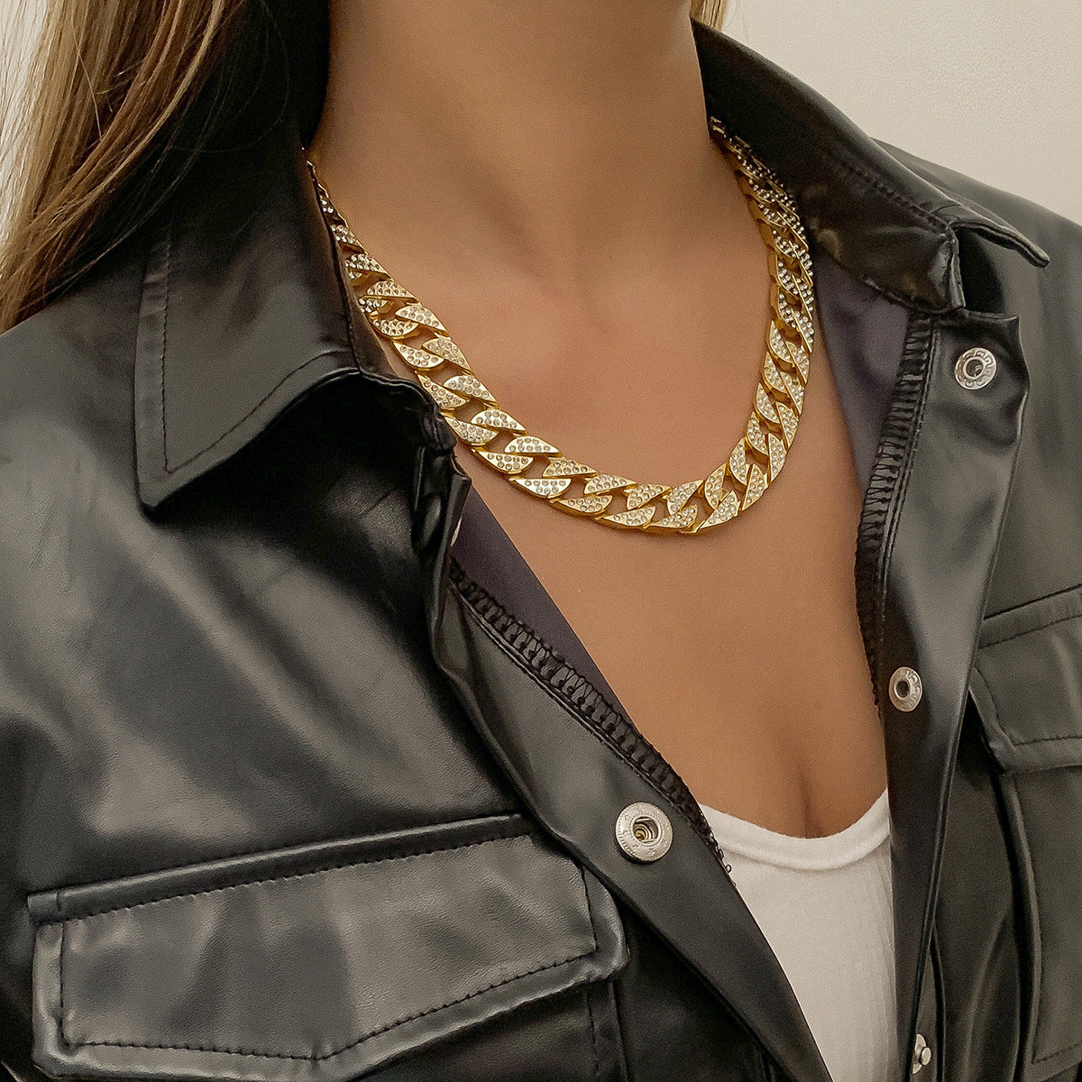 Vintage Hip-hop Geometric Rhinestone Inlay Alloy Plated Cuban Link Chain Necklace for Women