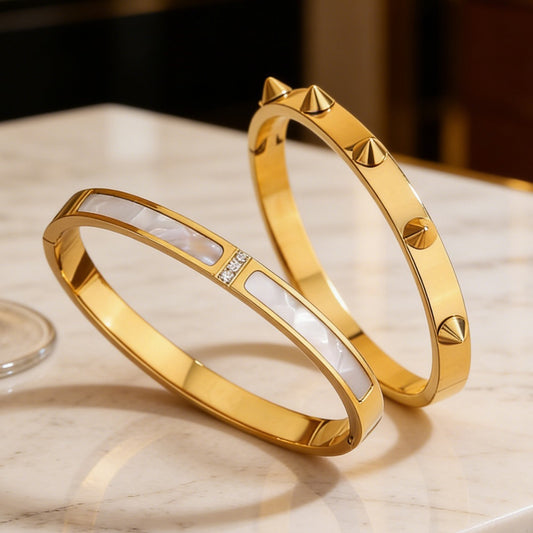 Casual Elegant 18K Gold Plated Stainless Steel Studded Bracelet with Mother of Pearl and Cubic Zirconia
