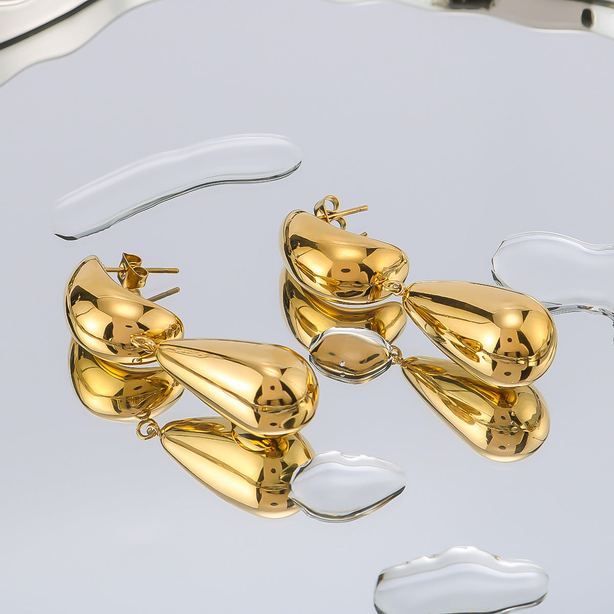 Minimalist Double-Layer Hollow Teardrop-Shaped Stainless Steel Earrings with 18K Gold Plating for Women