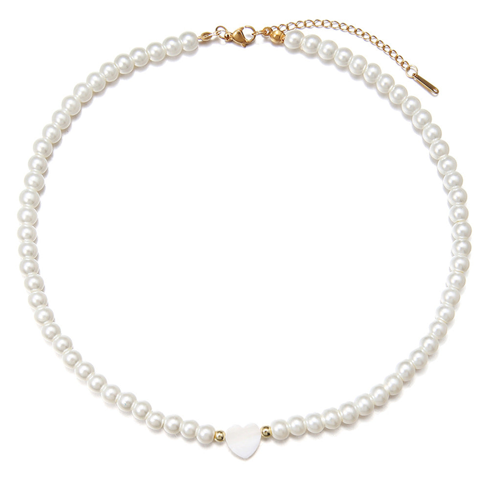 Vintage Sweet Heart Alloy Simulated Pearl Necklace Snake Chain