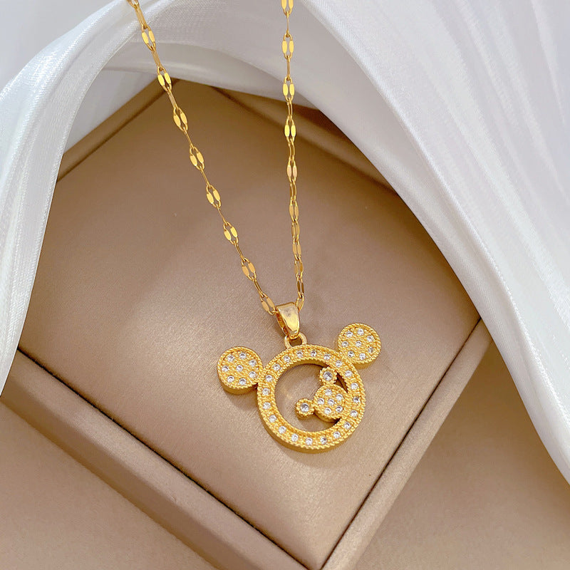 Luxury Titanium Steel Geometric Moon Pendant Necklace for Women and Men with Rhinestone Inlay and Plated Finish