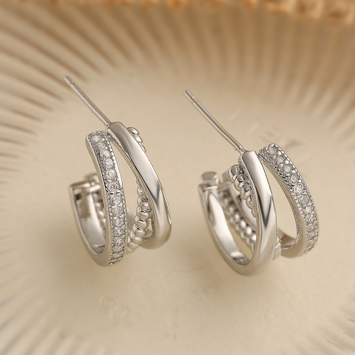 Geometric Earrings for Women in Copper with 18K Gold Plating and Zircon Inlay, Vintage-Inspired Minimalist Fashion Studs