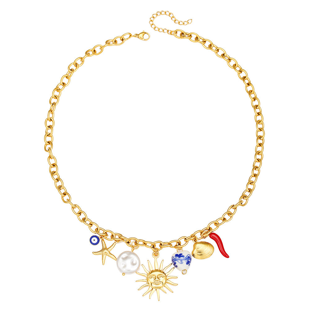 Ocean Style Geometric Star Shell Pendant Stainless Steel Cable Chain Necklace for Unisex