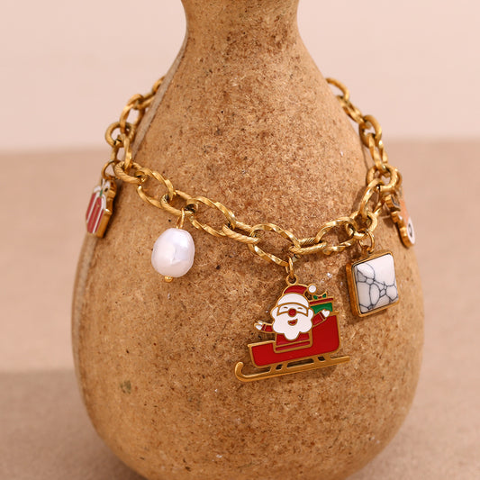 Cute Cartoon Christmas Santa and Reindeer Stainless Steel 18K Gold Plated Hand Chain for Women