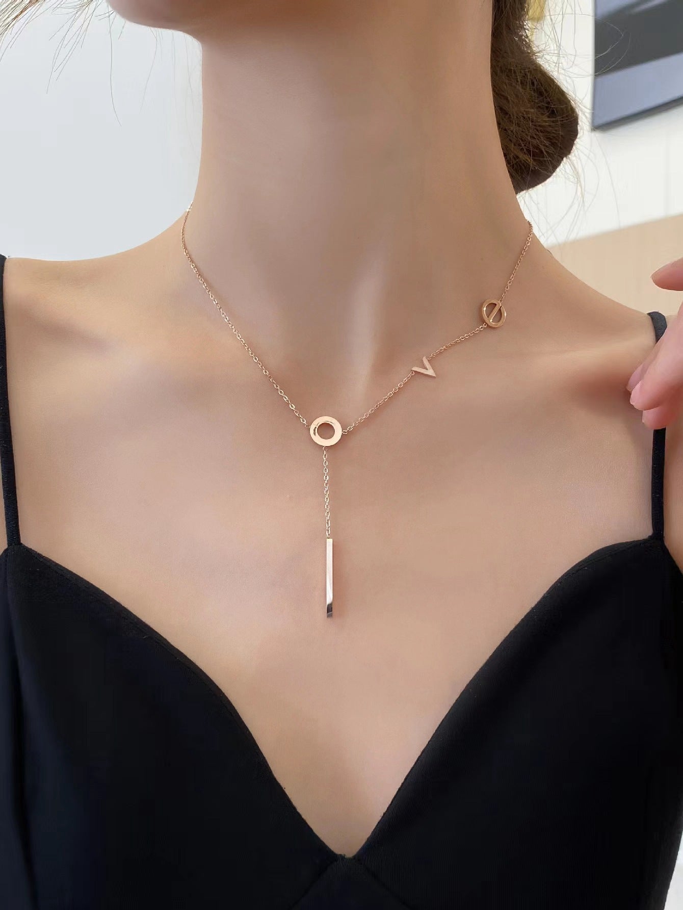 Geometric Titanium Steel Plated Pendant Necklace with Snake Chain for Women