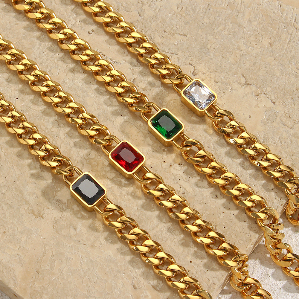 Bracciale a catena cubana geometrico alla moda in acciaio inossidabile da donna con placcatura in oro 18 carati e inserti in zirconi