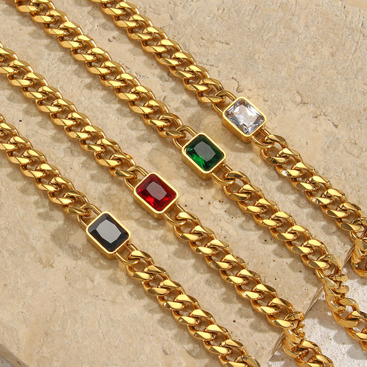 Bracciale a catena cubana geometrico alla moda in acciaio inossidabile da donna con placcatura in oro 18 carati e inserti in zirconi